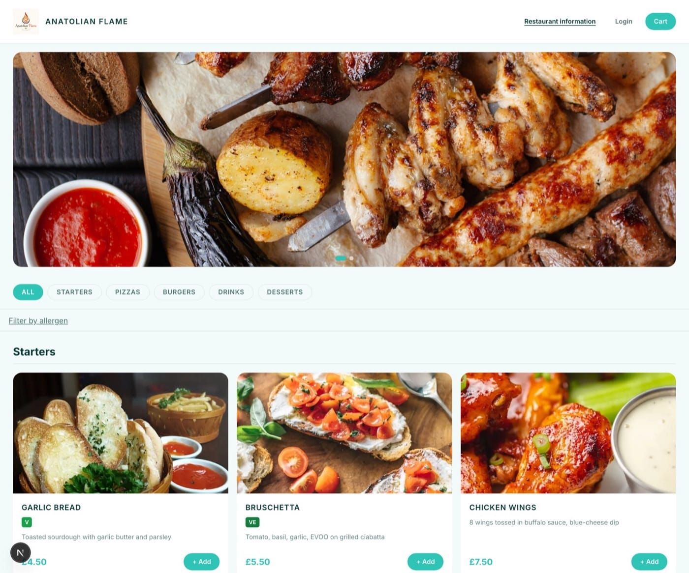 A restaurant's branded MenuDock online ordering storefront